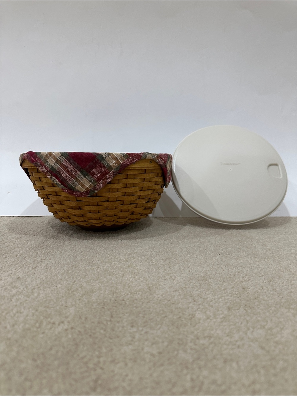 Longaberger woven basket, red plaid liner, bowl and lid